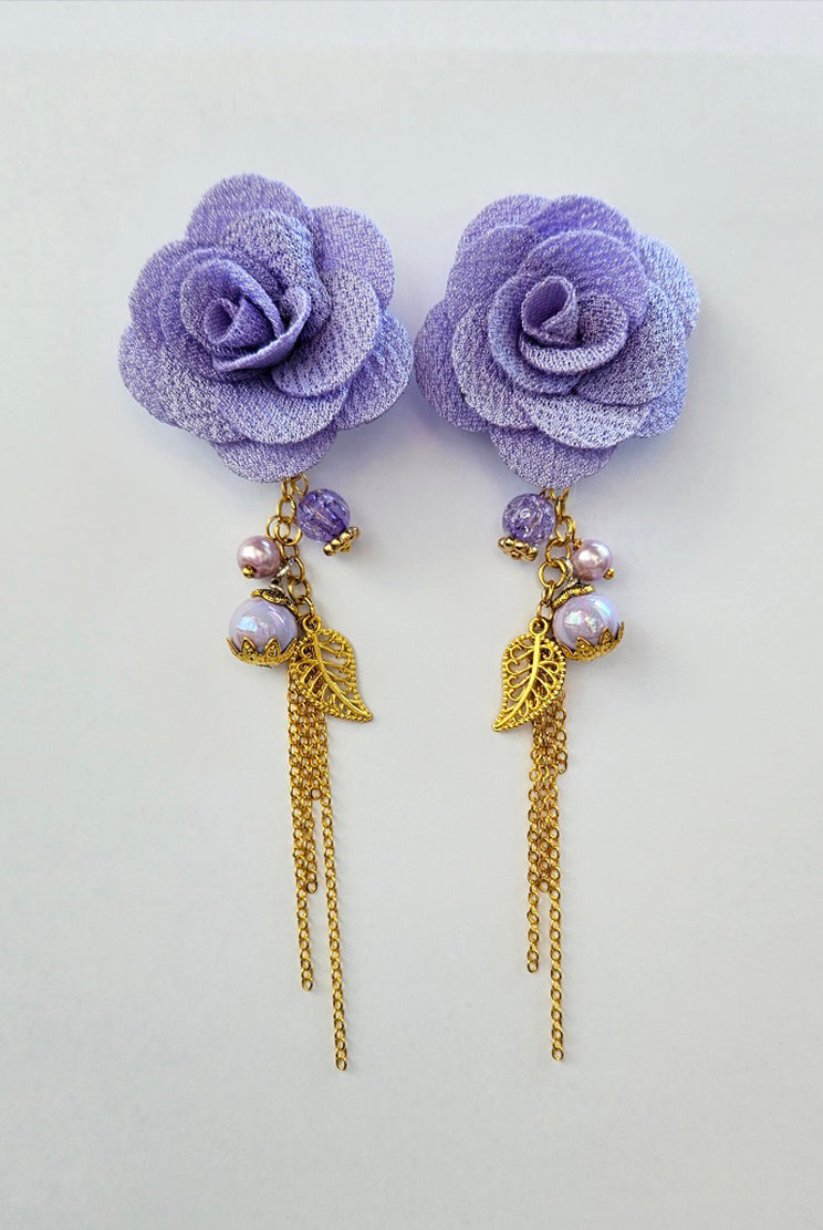 Boho earrings with purple flower beads & cords